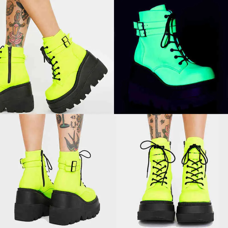 Brand New Big Sizes 43 Gothic Green Platform High Heels Cosplay Fashion Winter Wedges Boots Halloween Shoes Ankle Booties Women Y220707