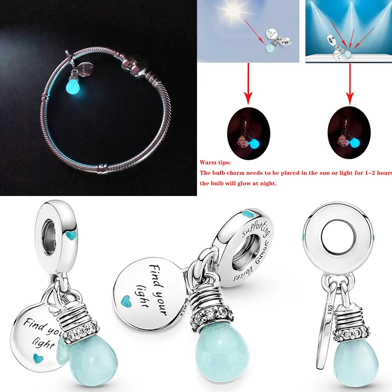 925 STERLING SLATER Dangle Charm Glow-in-the-escarinho Lightbulb Double Beads Bad Fit Pandora Charms Bracelet Diy Acessórios