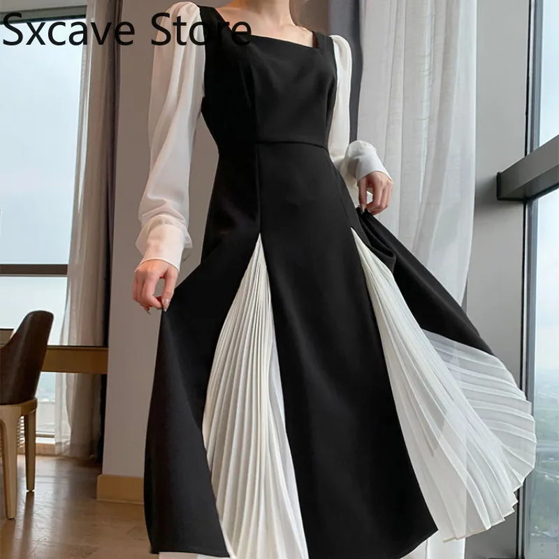 Офисная дама черные элегантные драпы французские винтажные MIDI платье повседневная партия платье корейской моды осень шики 220423