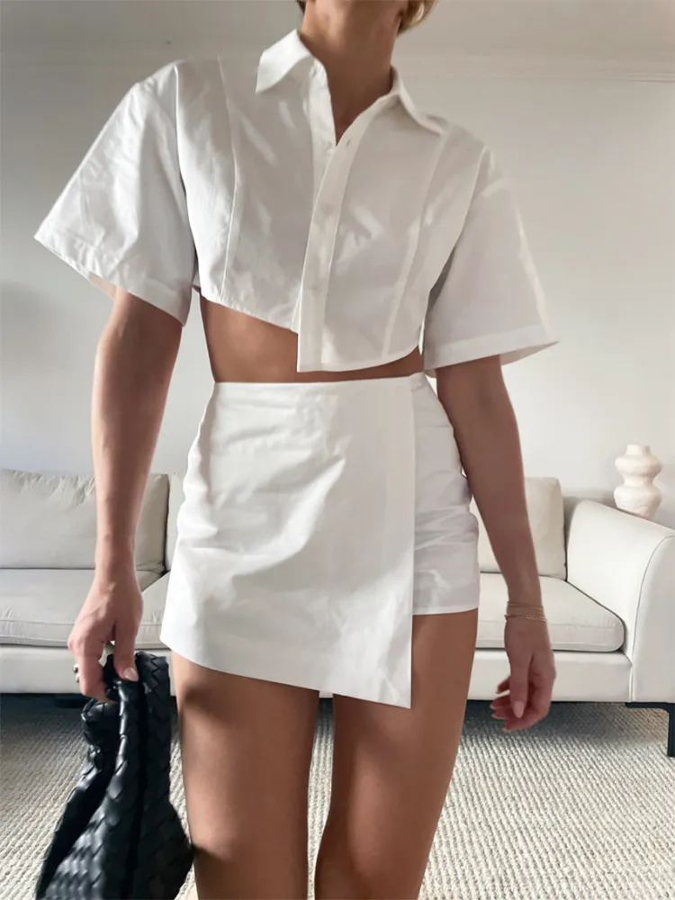 Yaz Fransız moda dikiş eğlence takım elbise beyaz etek gömlek 2 adet şort takım elbise elbise gündelik setler kıyafet 220527