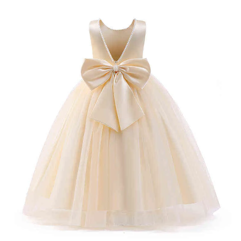 V-back Girls Dresses for Wedding and Party Pearls Bridesmaid Children Dresses Bowknot Teenage Princess Evening Pageant Prom Gown G220428