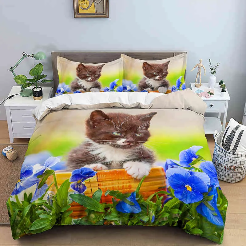 3d kedi baskılı yorgan kapak seti kraliçe kral tam boy sevimli kawaii hayvanlar çiçekler için tebrik çocuklar kızlar kızlar yatak takımları