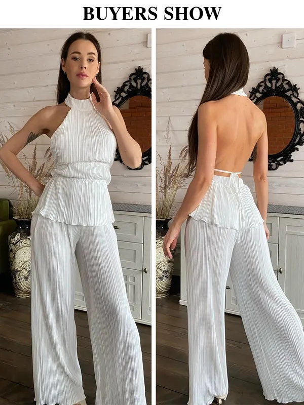 CLACIVE SEXY BACKLESS TANK TOP SET Woman Summer White Pleated Trouser Suits Female Elegant High midje Wide Pants Set 220812