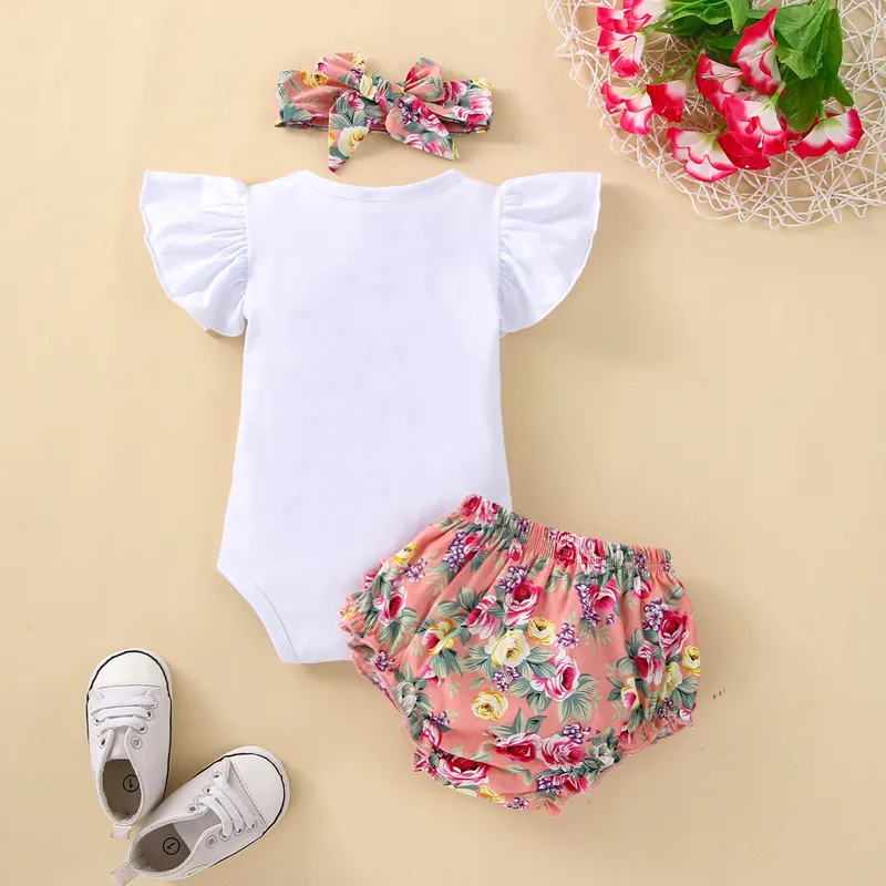 0324 Lioraitiin Fathers Day Lovely Baby Barge 服セットフライスリーブレタープリントRomperfloral Shorts Headband 220608