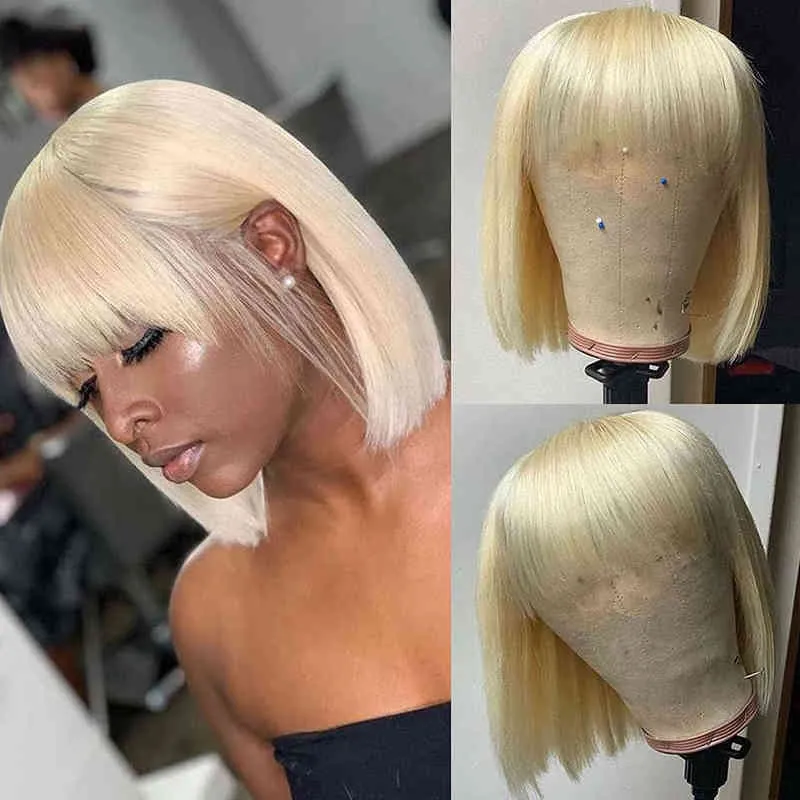 Krótka prosta miodowa blondynka Bob Pixie Cut Faid Fare Non Lace Human Hair Peruka z grzywką dla czarnych kobiet Remy Brazilian 220713