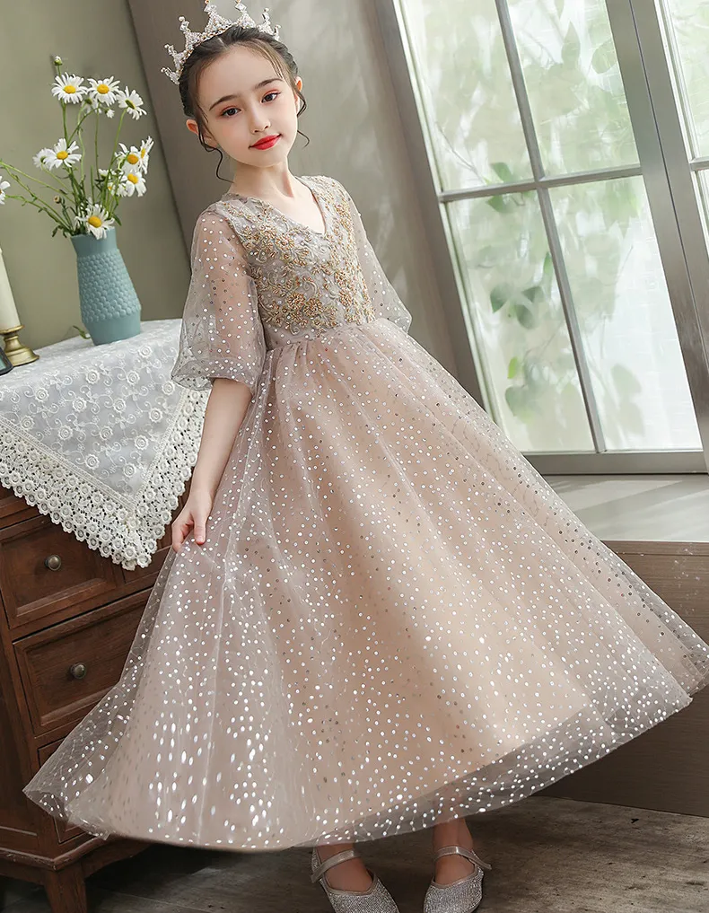 2022 Princess Pink Crew Neck sequined Tulle Flower Girl Dresses with Gold Sequins Sheer Long Sleeves Lace Flowers Girls Pageant Gowns