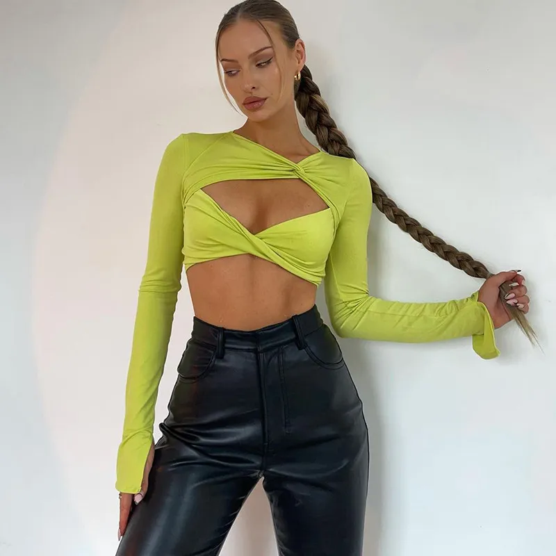 Cryptographic Long Sleeve Spring Autumn Women's Cropped Tops Cut Out Sexy Green Tops T-Shirts Wrap Elegant Top Tees Slim Clothes 220408