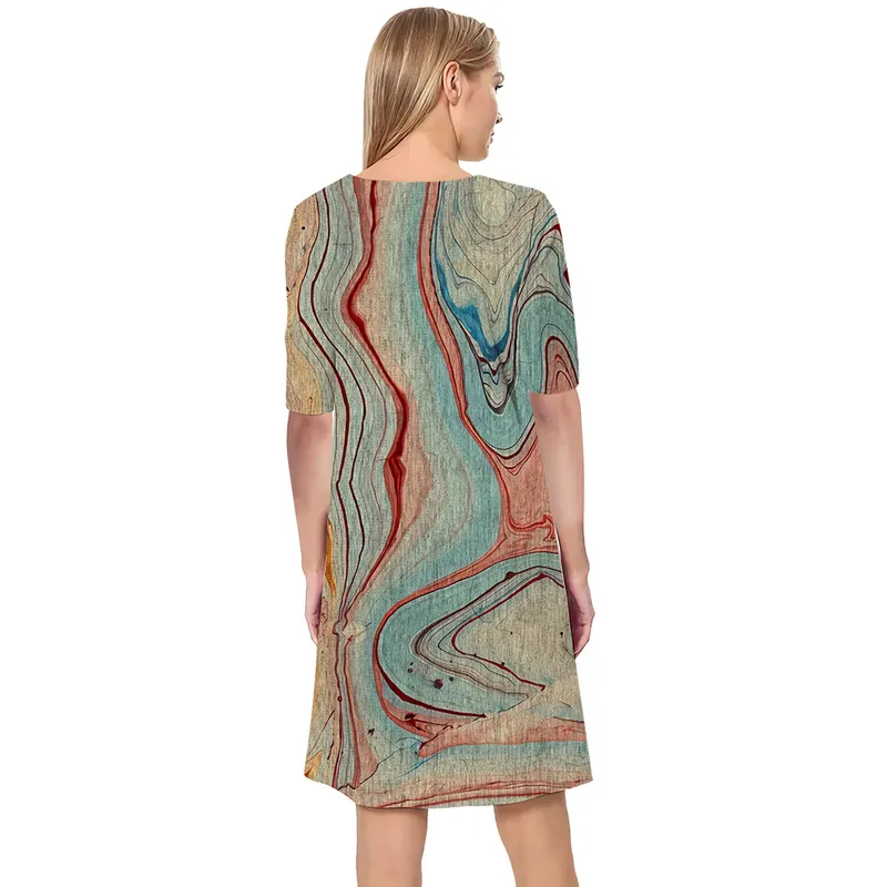 Women Dress Vintage Texture Mönster 3D Tryckt Vneck Loose Casual Short Sleeve Shift Dress for Female Dresses Regular 220616