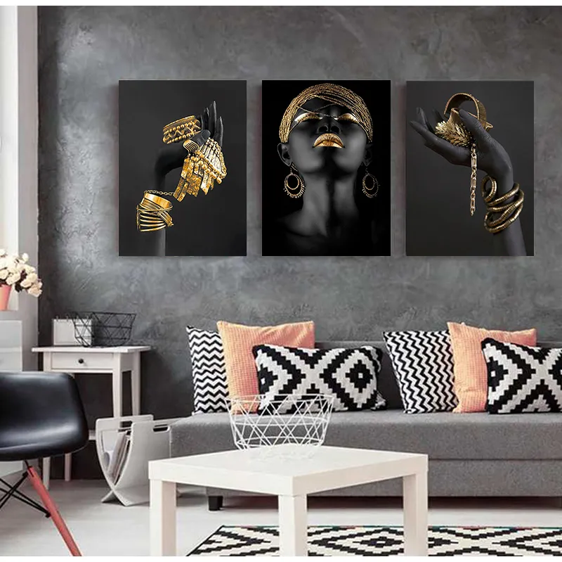 Donna africana arte murale pittura arte poster e stampe grande donna nera con gioielli in oro immagine su tela decorazioni la casa