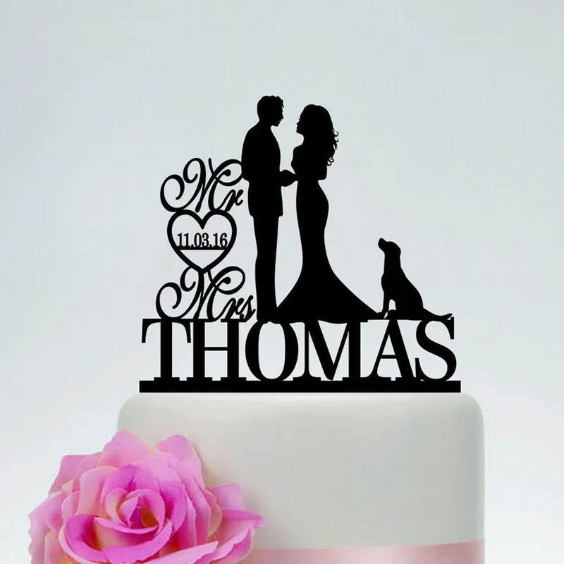 Mr and Mrs Cake Topper,Bride and Groom With Dog,Couple Silhouette,Custom Wedding Cake Topper,Dog Cake Topper, Cake Topper with Date