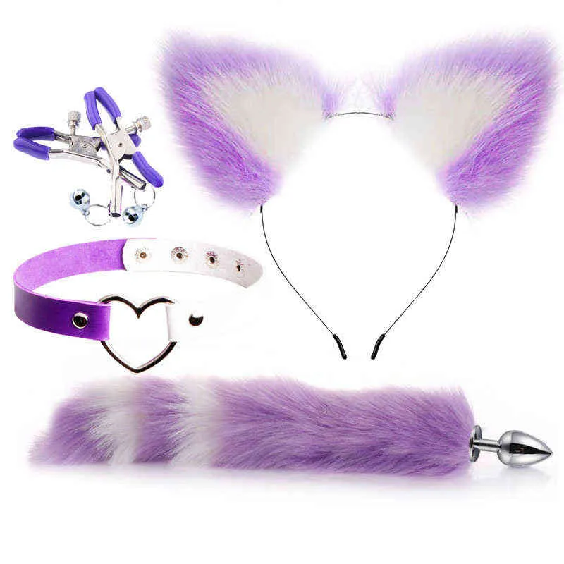 Erotica Anal Toys Cute Fox Tail Plug Cat Ears pannband Set Adult Games Nipple Clip Neck Collar Erotic Cosplay Sex For Women Men 220507