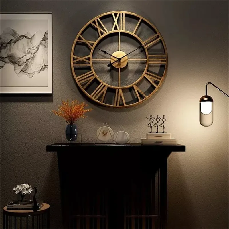 Modern 3D Large Wall Clocks Roman Numerals Retro Round Metal Iron Accurate Silent Nordic Hanging Ornament Living Room Decoration 220801