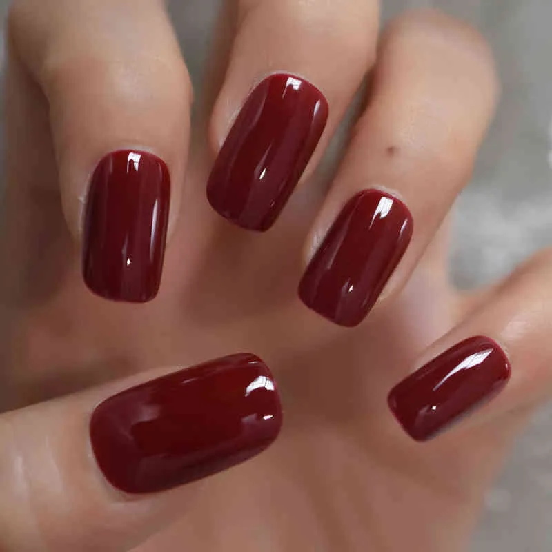 False Nails Glossy Red Brown Press on False Nails Square Flat Top Shape Gel Nude Medium Long Fingersnails for Women Girl Daily Wearable