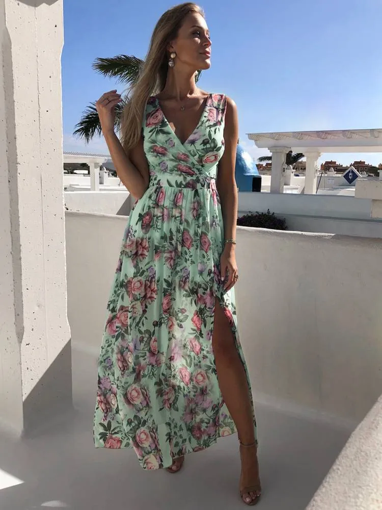 Boho Floral Long Dres SEXY PRINT DEEP V-NECK Dresses Summer Sleeveless Beach Dress Chiffon Split Maxi Dress Party Vestido 220516
