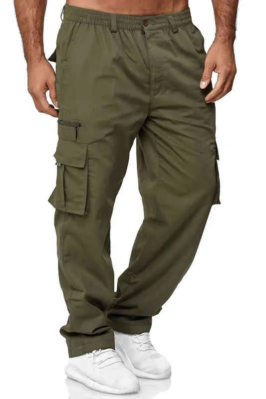 2022 Nieuwe Men's Solid Color Cargo Pants Mid-Taist Losse broek Tactische broek Armybroek G220507