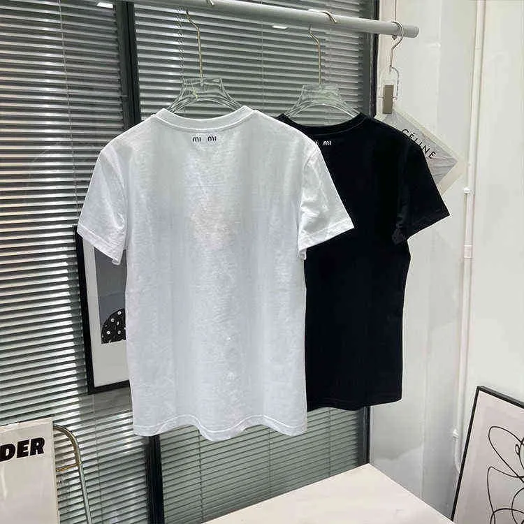 여름 흑백 2 색 네일 비드 배지 자수 간단한 느슨한 다목적 여성 짧은 슬리브 티셔츠