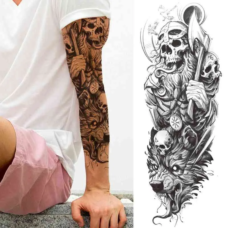 NXY Temporary Tattoo Black God Wolf Sleeve s for Women Men Adult Skull Geometric Sticker Fake Flower Full Arm Tatoos Realistic 0330