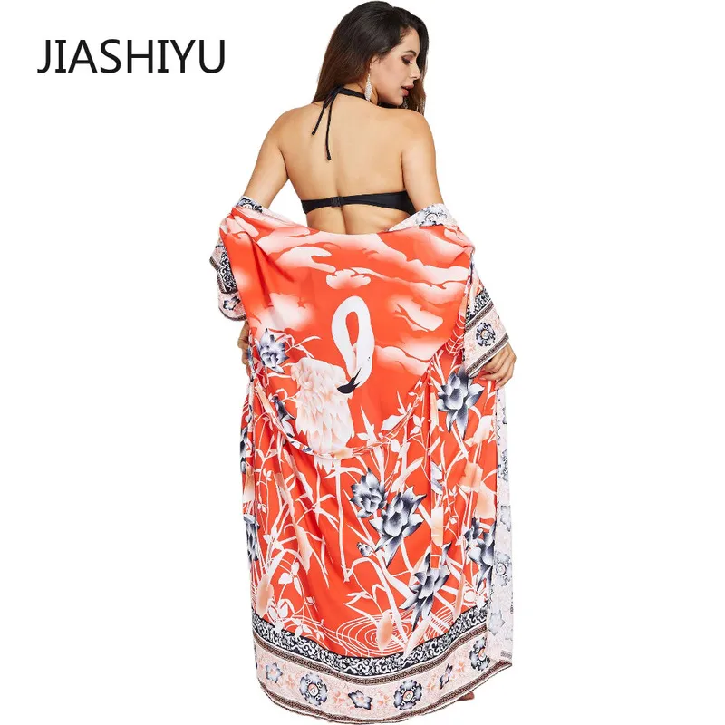 CHILI GIRL Oversize Beach Cover Up Kimono Vintage Print Floral Holiday Bikini Outing Boho Loose Long Cardigan Orange Covers 220408