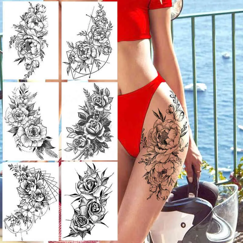 NXY Temporary Tattoo Realistic Sexy Peony Tattoos Women Adult Flower Arm Sticker Waterproof Fake Floral Bloosom Body Leg Art Tatoos 0330