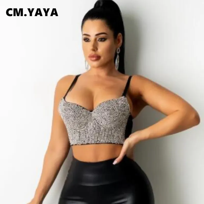 CM.YAYA Mujeres Camis Tops Diamantes Cuello en V Correa delgada Crop Sexy Night Clubwear Ropa elegante Verano 220325