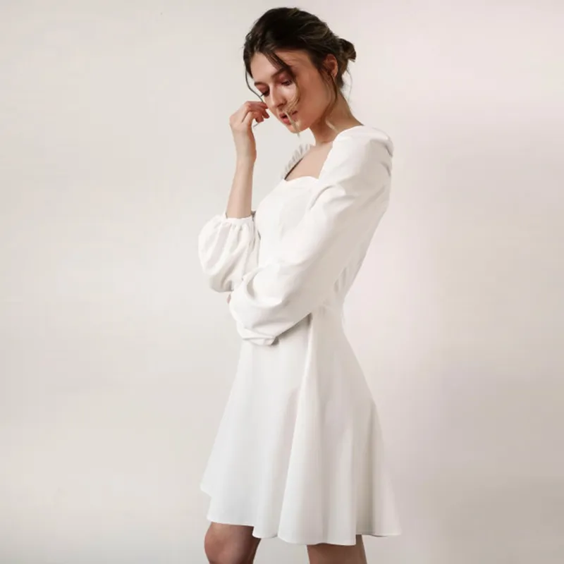 Nachtclub-Kleider für Frauen, weißes Mini-Puff-Langarm-A-Linien-Partykleid, solides Hepburn-Stil, modisch, 220317