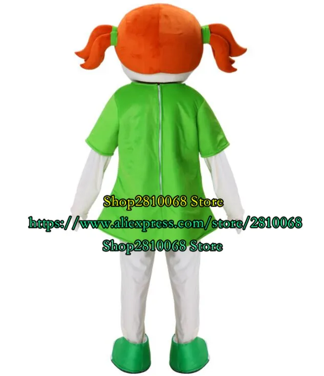 Costume de poupée mascotte costume de mascotte de fille souriante mignonne cheveux orange et jupe verte personnage de dessin animé fête d'anniversaire cadeau d'Halloween 1160