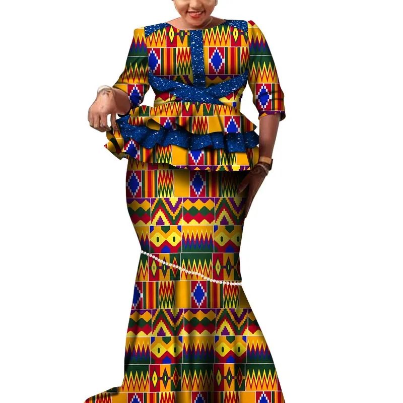 Zweiteilige Kleider afrikanische Langarmdrucken und Rocksets für Frauen Bazin Riche 2 Stücke Peals Anpassen afrikanischer Kleidung WY6113