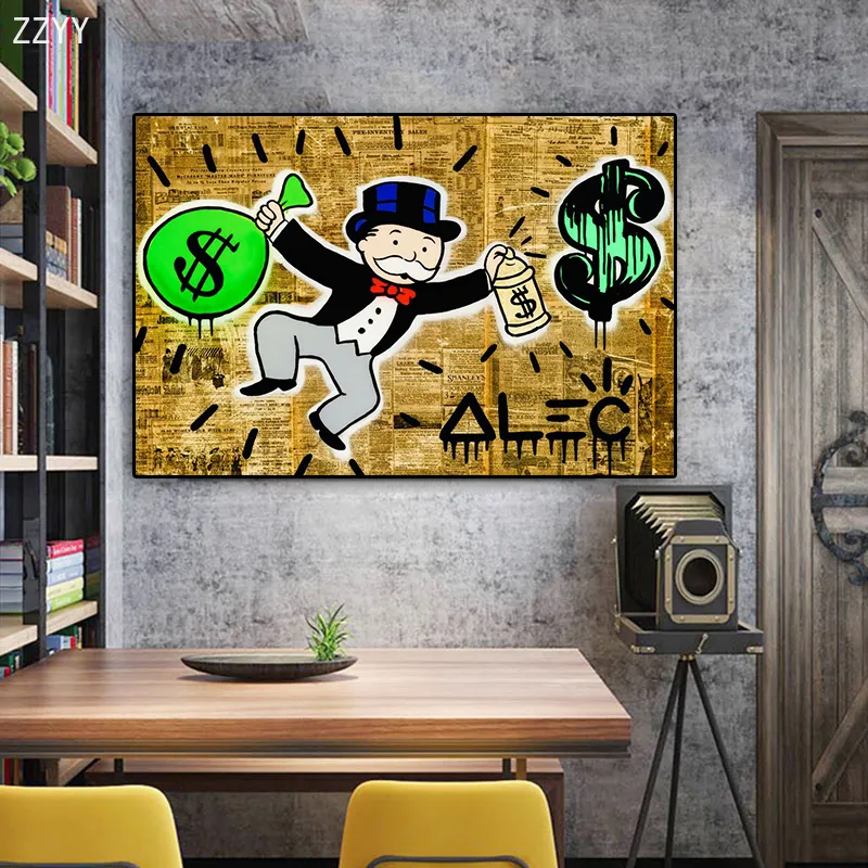 Graffiti-Kunstwerke, Alec Monopoly, reicher Mann, Dollar, Geld, Pop-Art, Leinwand-Poster, Gemälde, Cartoon-Straßenkunst, Wandgemälde, Heimdekoration