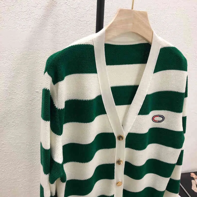 spring green and white stripe embroidered letters college style long sleeved knitted cardigan women's coat