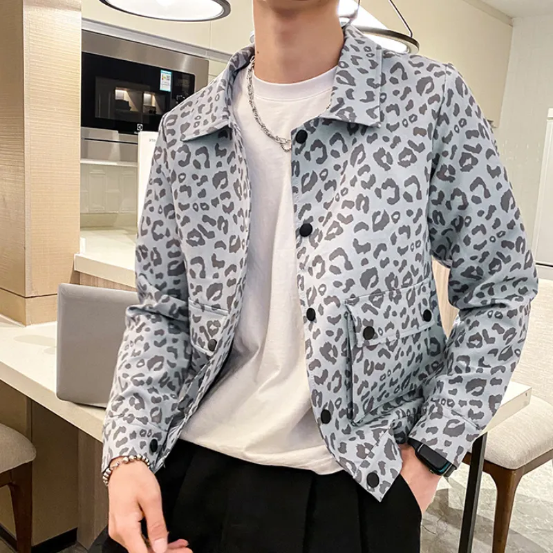 2022 giacca da uomo leopardata autunnale capispalla casual da lavoro giacca bomber streetwear con risvolto sottile giacca a vento sociale