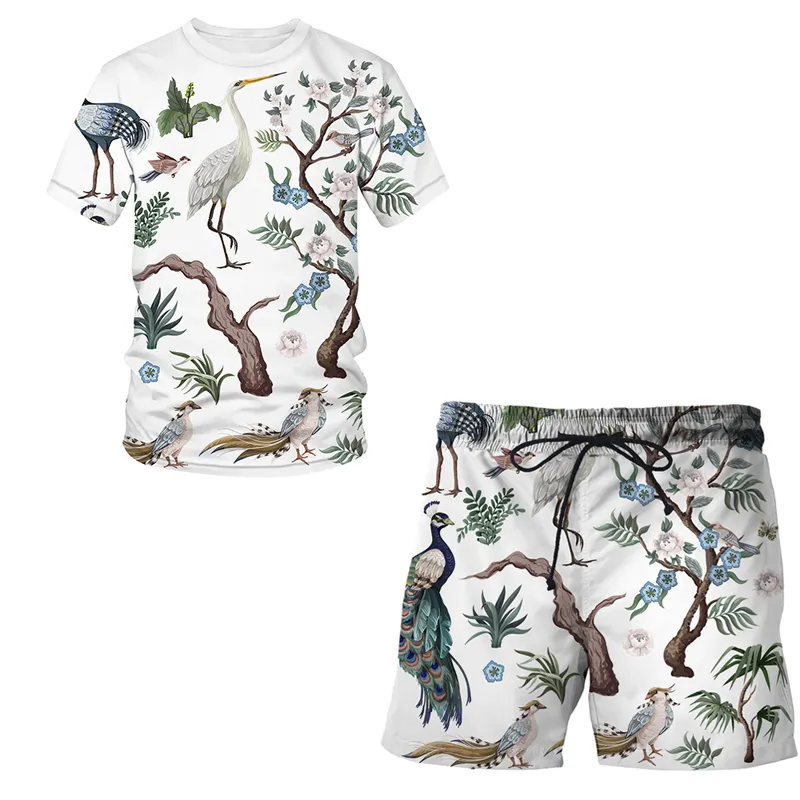 Fall Men Tracksuit 3D T-shirt Flower bird and plant illustration Fashion Sports Streetwear Oversized Male Pants Loose Shorts 220624