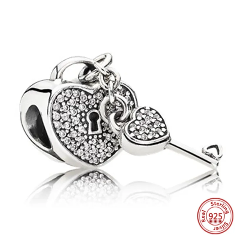 925 branelli di fascino d'argento ciondola catena traforata collegamento lucchetto cuore chiave serratura tallone adatto Pandora charms braccialetto accessori gioielli fai da te