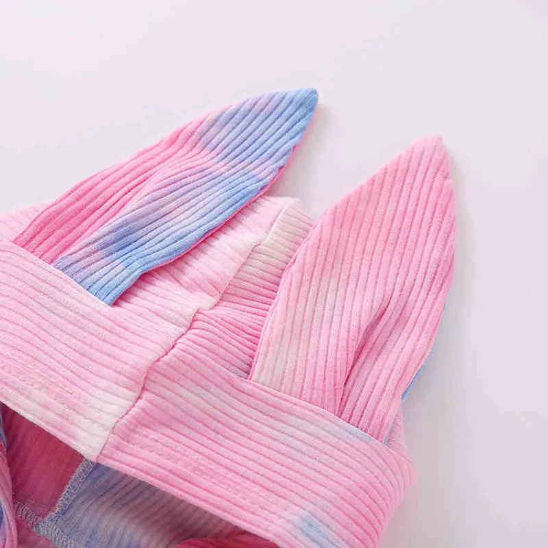 Baby baby katoen romper lange mouw tie kleurstof print rits omhoog jumpsuit met schattige konijnenkap g220521