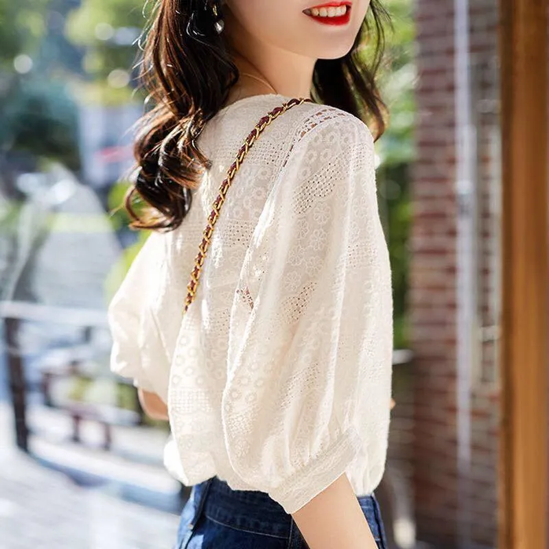 Summer Korean Fashion Women's Lantern Sleeve Loose Shirts Embroidery Cotton Lace O-neck Casual Blouses Plus Size 13440 220725