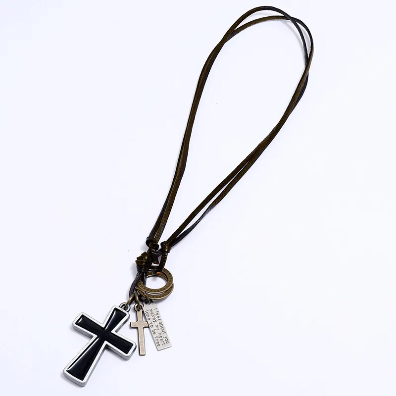Letter ID Enamel Jesus Cross Necklace Adjustable Leather Chain Pendant Necklaces for women men punk Fashion jewelry gift will and sandy