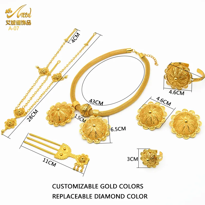 ANIID Dubai Ethiopian Flower Shape Plated Jewelry Sets For Women Nigerian Luxury Necklace Jewellery Set Wedding Party Gifts 220726