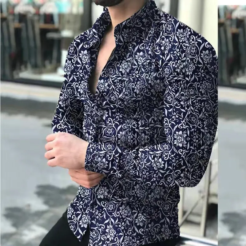 Herrtröjor Vintage Blommor 3d Print Hawaiian Casual Button Up Dress Slim Fit Långärmad Beach Streetwear Men Kläder 220322