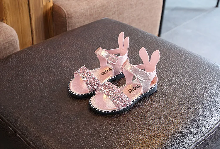 Zomer kinderen konijn oor sandalen mode glitter meisjes prinses Romeinse sandalen baby kinderen platte niet -slip strandschoenen 220621