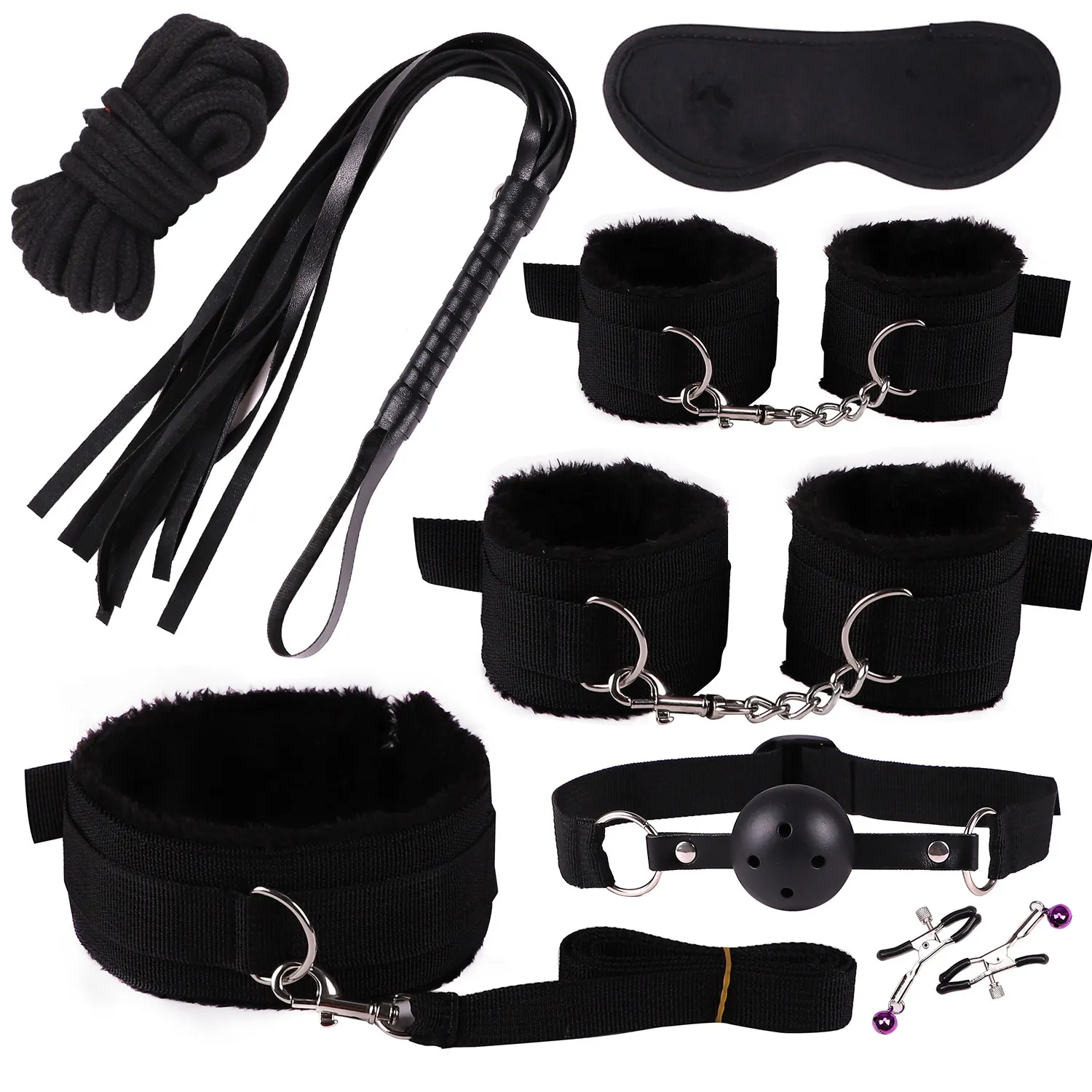 BDSM Bondage Kit Handcuffs Nipple Clamps Mouth Ball Gag Whip Cotton Rope sexy Toys For Couples Eye mask Neck Collar