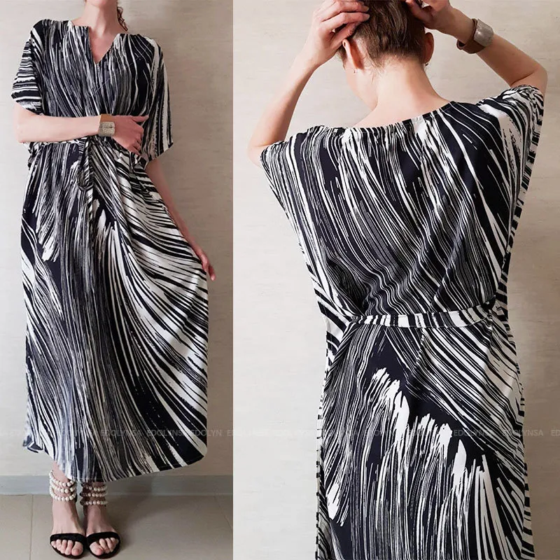 Elegant Quick-drying Striped V-Neck Self Belted Summer Beach Dress Black Cotton Tunic Plus Size Women Beachwear Kaftan Q941 220510