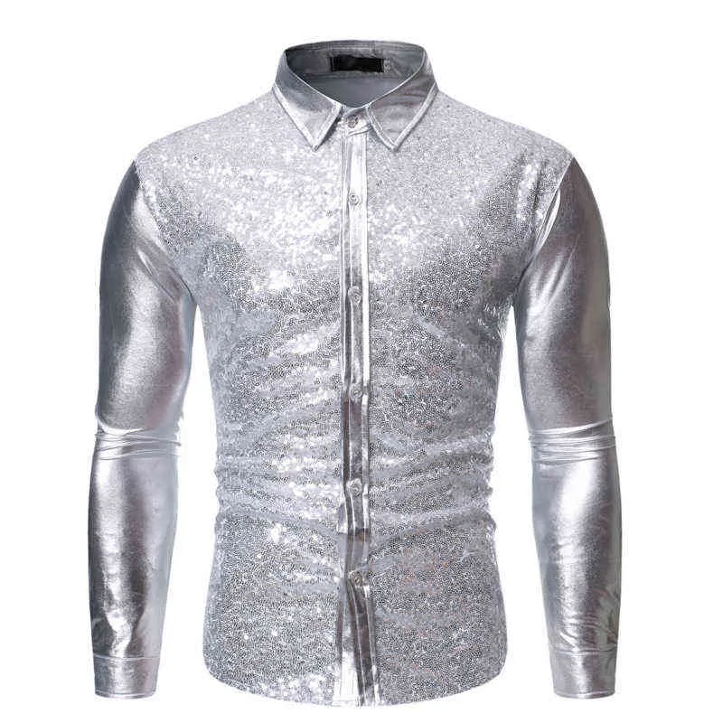 Gold Patchwork Sequin Glitter Shirt Men Camisa Masculina 2022 Fashion Shiny Night Club Wear Mens Dress Shirts Party Prom Shirt L220704