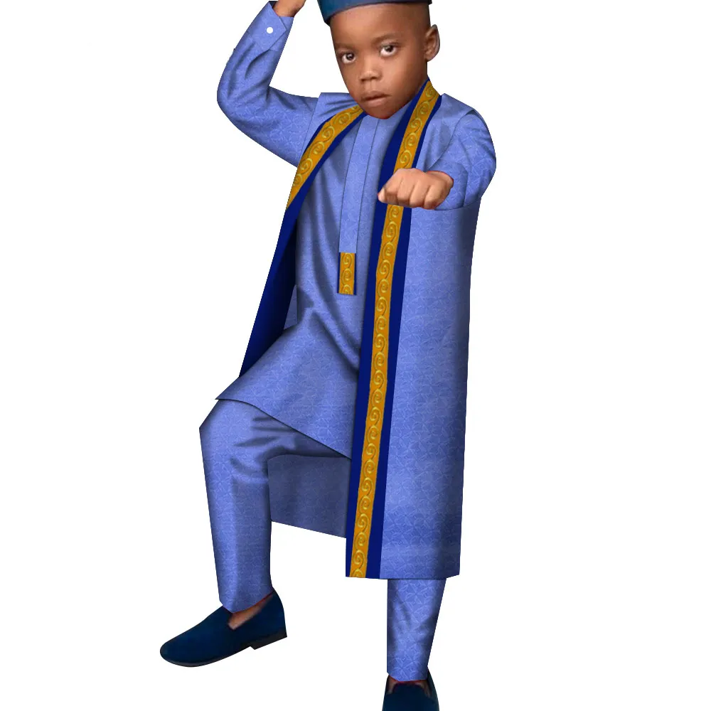 BintarealWax Nieuwe Afrikaanse Kinderkleding Set lange mouw Cardigan Robe + broek jongens traditie Casual kinderen kledingsets aangepaste maat wyt640