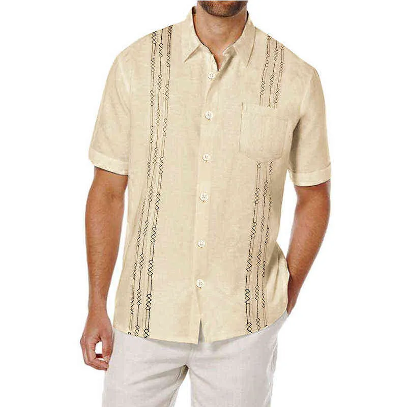 Mens Guayabera Shirts 캐주얼 버튼 아래로 짧은 소매 린넨 면화 캠프 해변 자수 셔츠 탑 남자 Camisa Masculina L220704