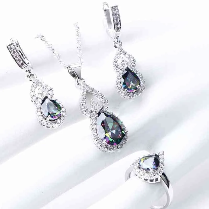 Natural Rainbow Jewelry Sets 925 Sterling Silver Stones Wedding Earrings For Women Stones Bracelet Necklace Rings Set Gifts Box H220422