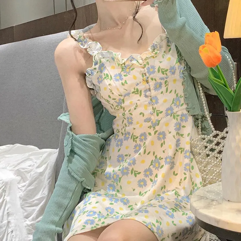 Czjms chiffon cami klänning tryck blommig casual klänning hög midja lös klänning elegant kläder koreansk sommarmode 220520