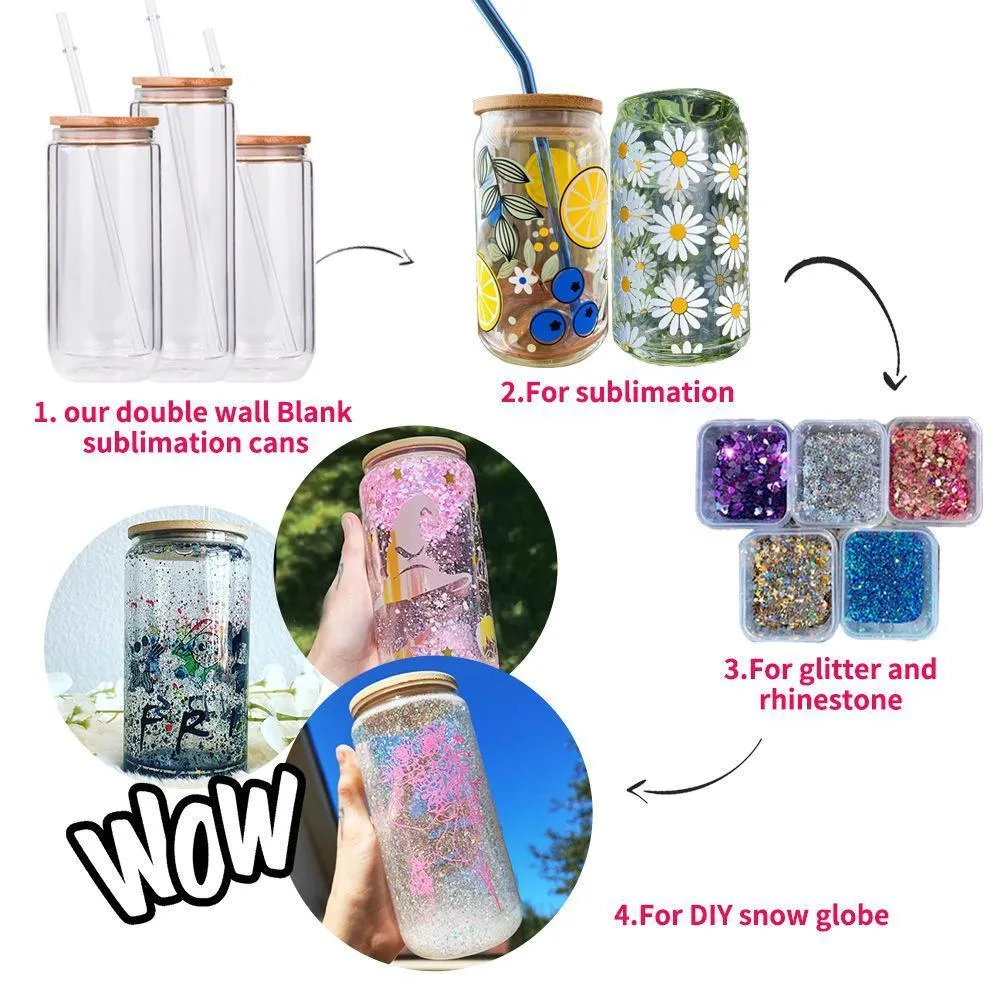 16oz 20oz Double Wall Sublimation Glass Can Snow Globe glass Tumbler Beer Frosted Drinking Glasses With Bamboo Lid Reusable Straw custom gift