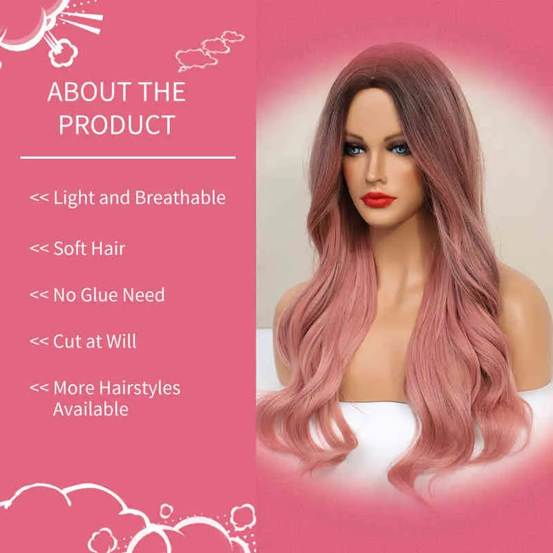 U.shine Ombre Brown Mixed Pink Blonde Long Synthetic Wave Wigs for Women Heat Resistant Colorful Fiber Cosplay Lolita 220622