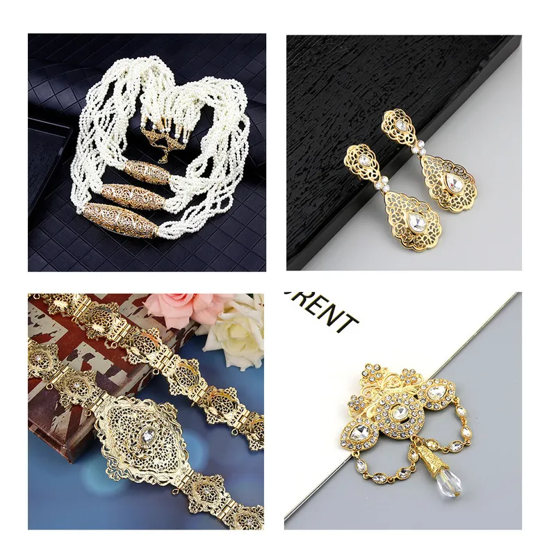 Sunspicems 금색 모로코 웨딩 보석 세트 여성 구슬 목걸이 브로치 드롭 귀걸이 금속 벨트 Caftan Bijoux 선물 220726