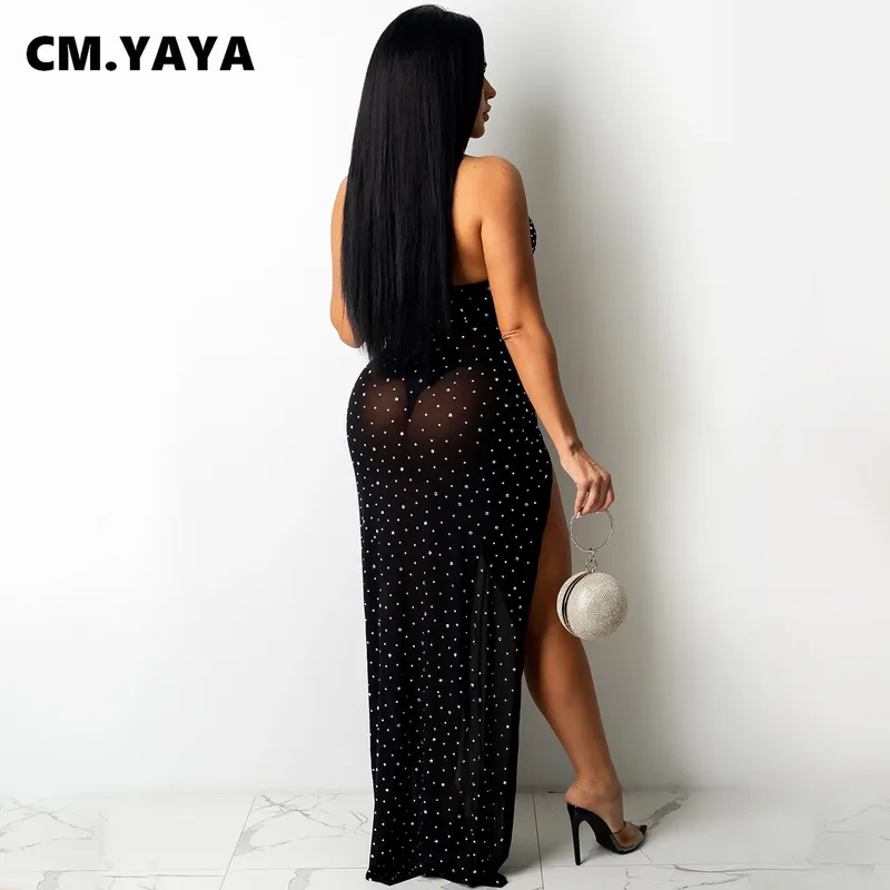 Cm.yaya Women Withonstones Halter Neck Sexy Slit Sexy Maxi Dress Sepe See Come Ins Sexy Party осень зимняя платья 220506