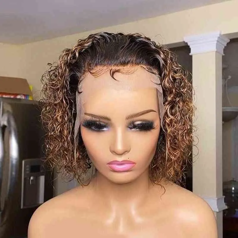 ハイライトピクシーカットボブウィッグディープウェーブレース黒人女性ブラジルのgluelless curly short human hair220713